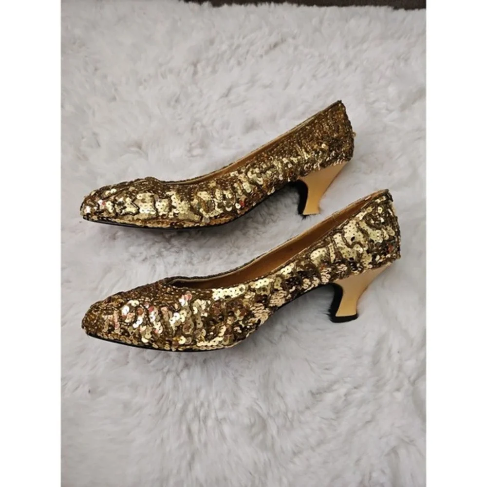 Valenti Franco Gold Sequin Beaded Kitten Heels‎ Pumps Size 7.5 Vintage Glam
